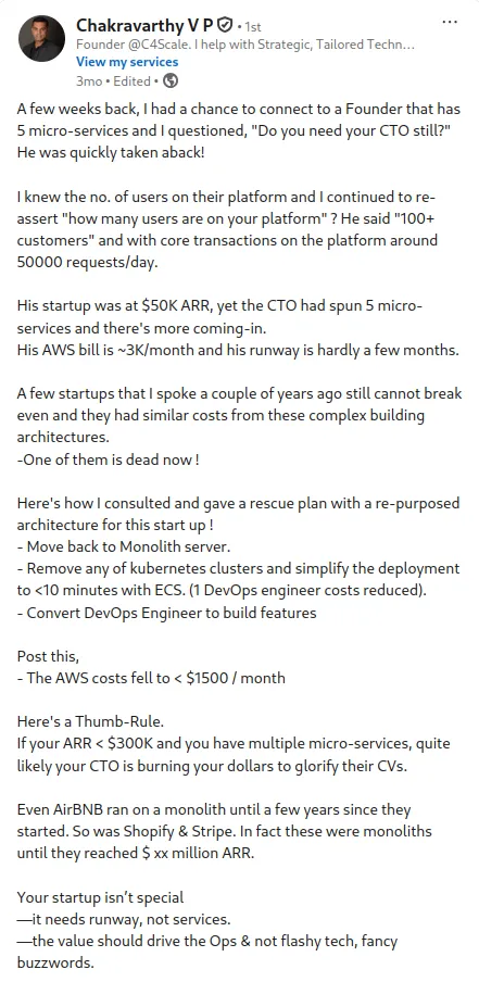 LinkedIn post arguing that a startup under $300K ARR running five microservices is burning runway on complexity